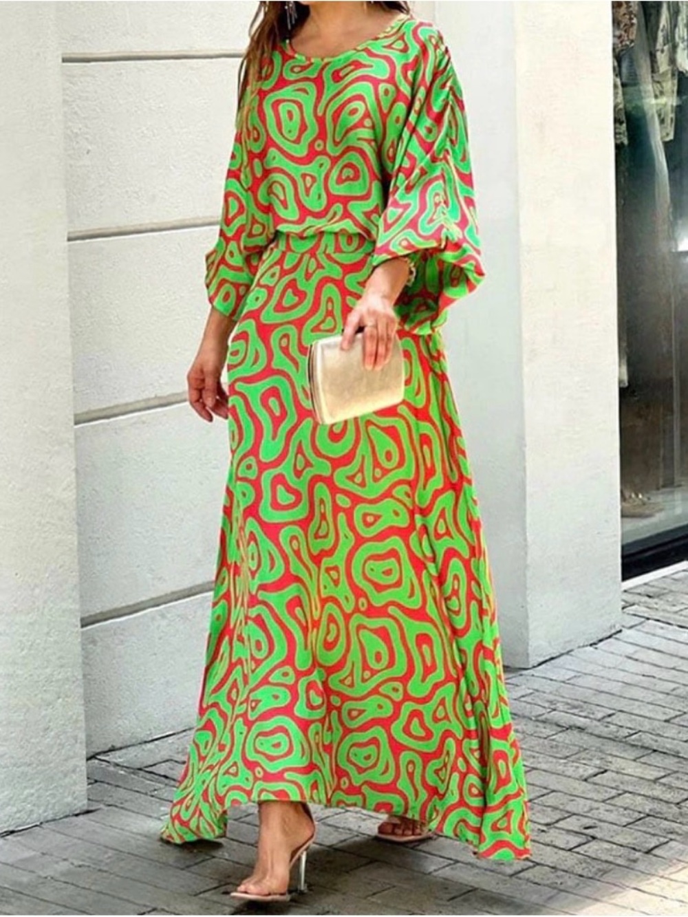 Vibrant Abstract Print Maxi Dress - Green & Pink